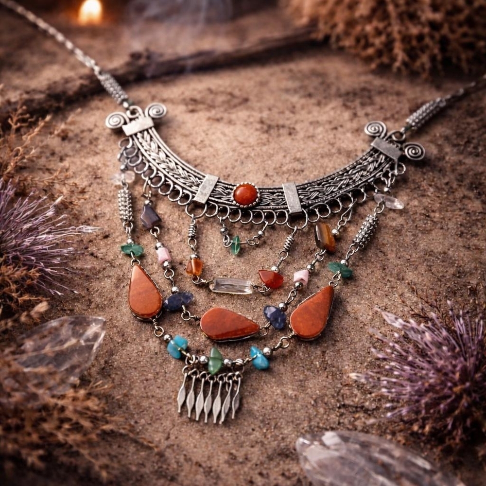 Boho Multi-Stone Silver-Tone Statement Necklace